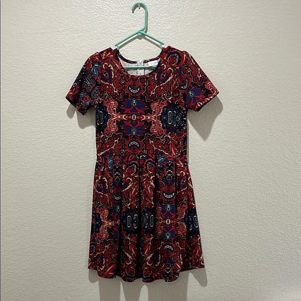Lularoe Amelia Dress Abstract Floral Women's Size L Red Blue Career TC0029